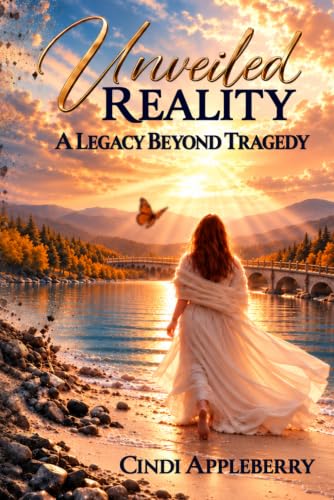 Book cover of Unveiled Reality: A Legacy Beyond Tragedy by Cindi Appleberry — a woman in a flowing white dress walks along a lakeshore toward a golden sunrise, a butterfly beside her.